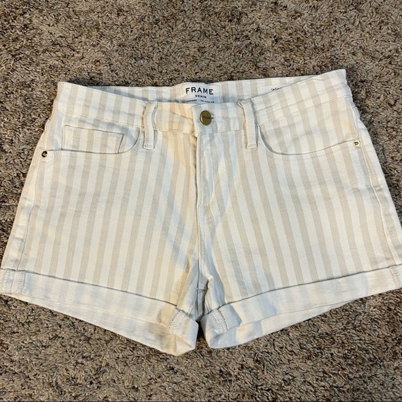 Frame Striped Tan/White Jean Shorts Size 26 Waist
